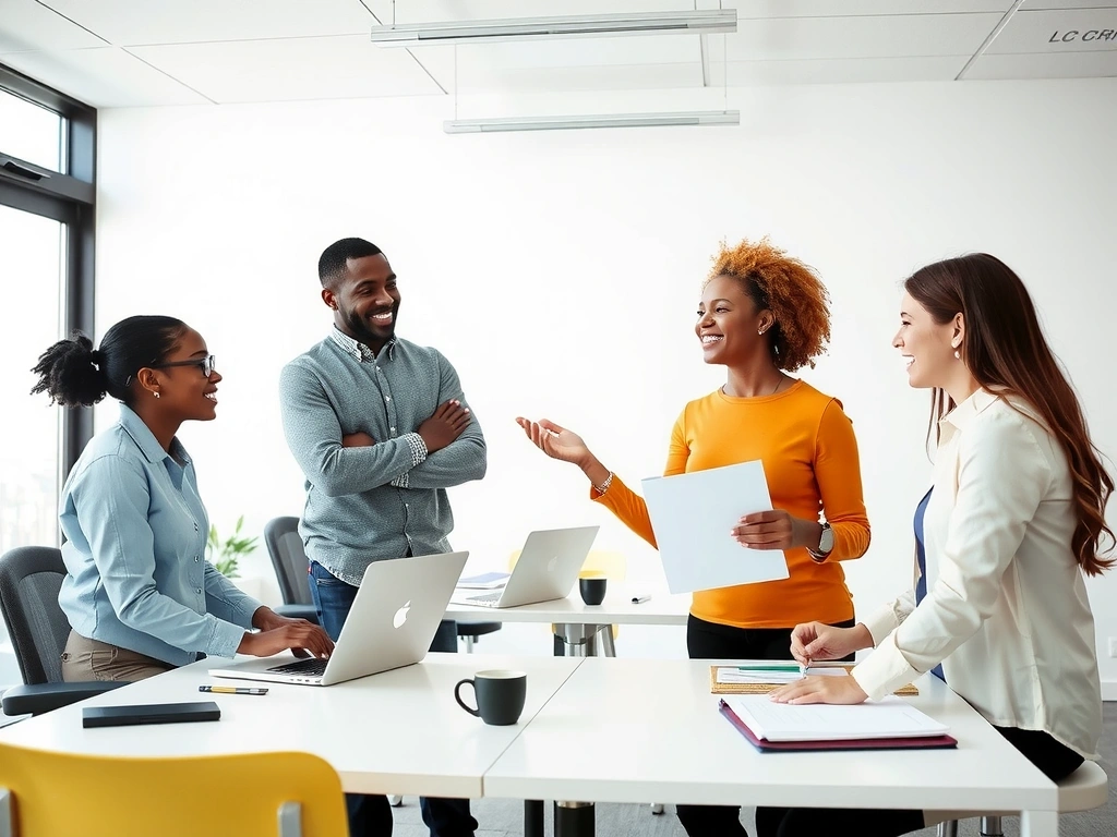 Diverse team of office workers smiling in a clean, modern workspace, showing increased productivity and morale.