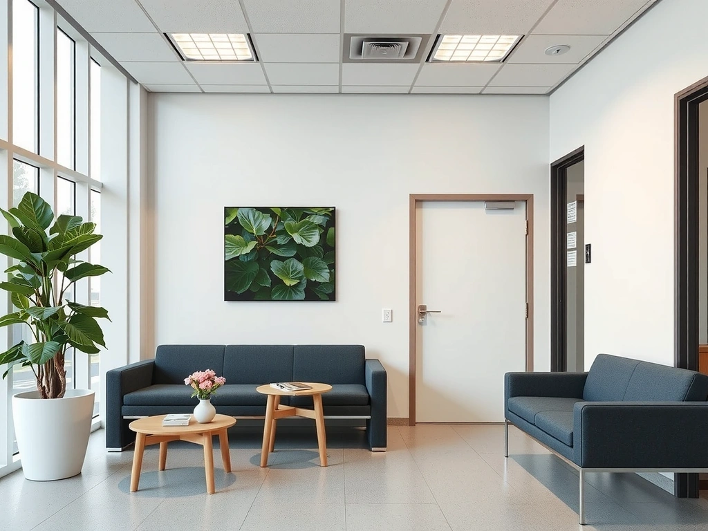 Modern medical clinic waiting area, spotless and sanitized, with comfortable seating and green plants.