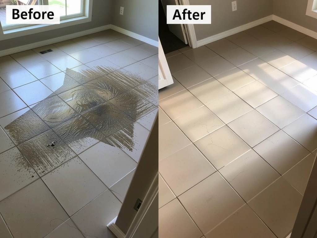 Before and after image of a heavily soiled tile floor transformed by specialized cleaning