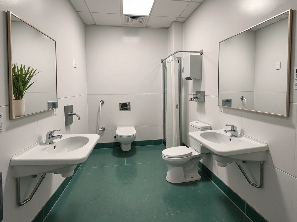 Clean and sanitized commercial restroom after office cleaning