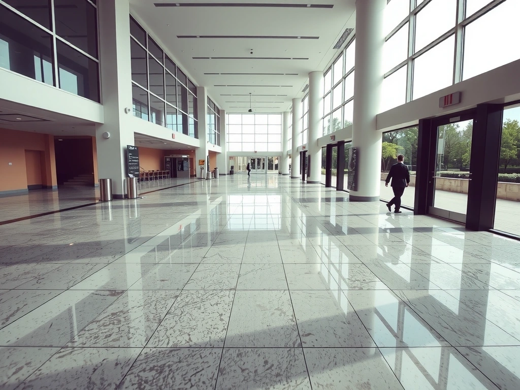 Clean and shiny lobby floor in a commercial building after professional cleaning