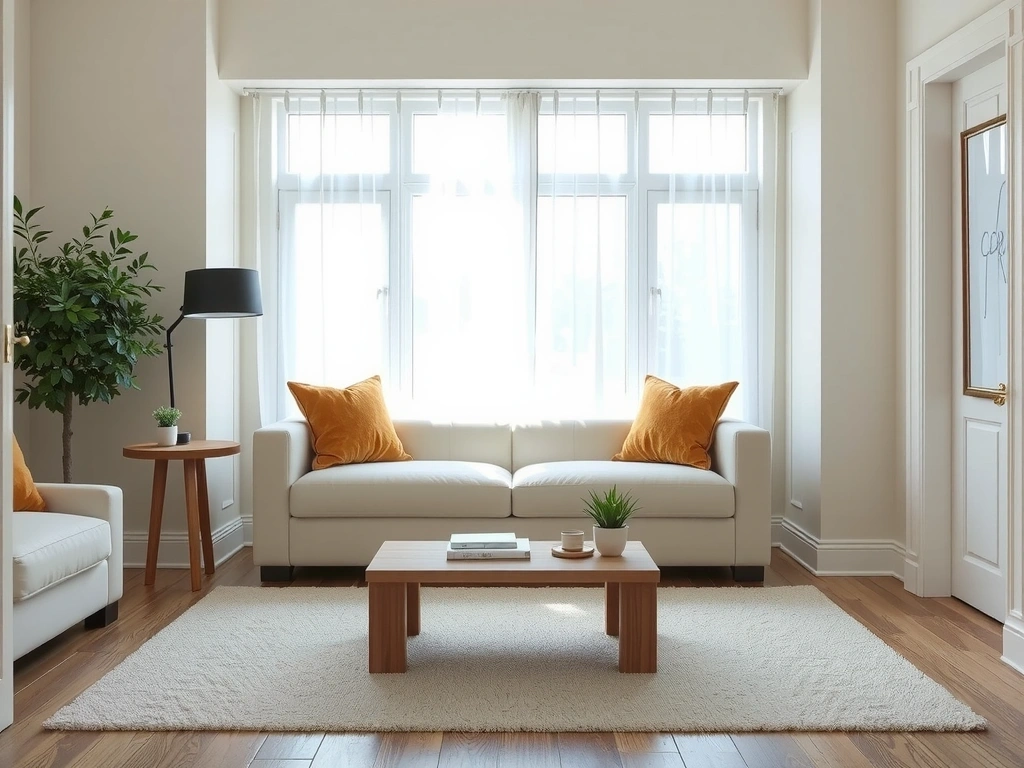 Clean and organized living room with dust-free furniture after home cleaning