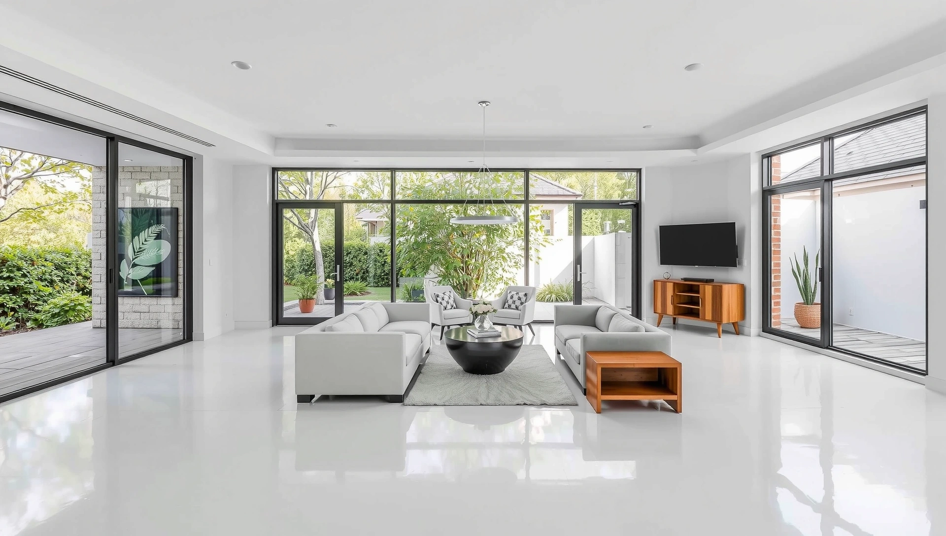 Sparkling clean modern living room with natural light