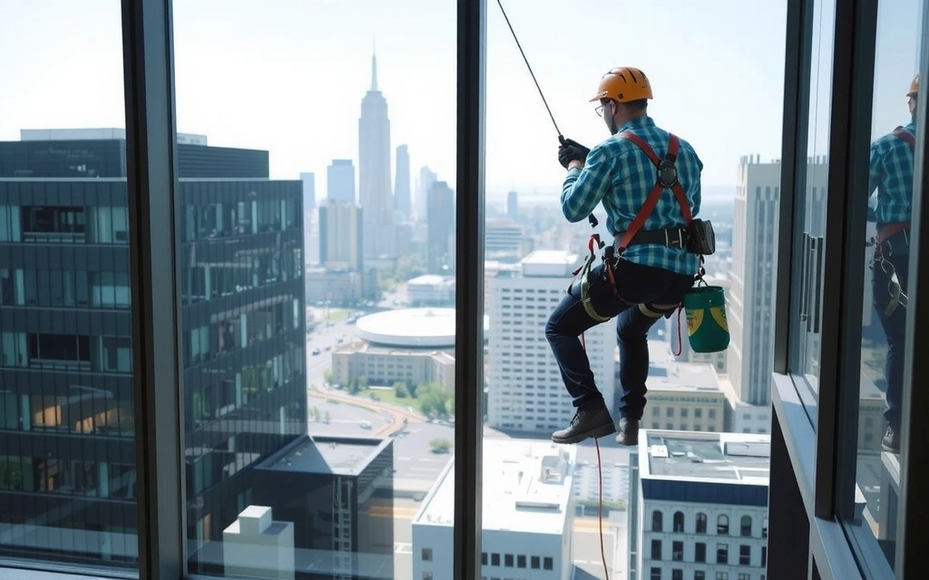 High-rise window cleaner on a commercial building