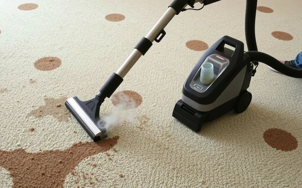 Steam cleaning a carpet, showing dirt being lifted